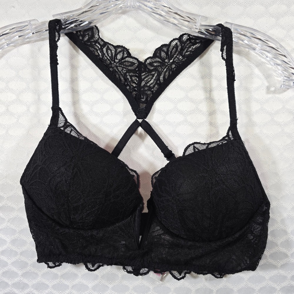 Victorias Secret PINK Date Push Up Bra Black Lace Racerback Longline 32B